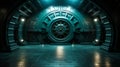 Massive Vault Door in a Dark Room, Depicting Security and Safety in a Bank or Secure Facility with a Futuristic and Impenetrable