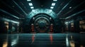 Massive Vault Door in a Dark Room, Depicting Security and Safety in a Bank or Secure Facility with a Futuristic and Impenetrable