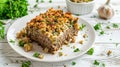 Generative AI Meatloaf and Stuffing Casserole ground beef dinner recipe with a meatloaf base topped with stove top