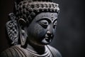 Generative AI. Meditating Buddha Statue on dark background. Soft focus. Close up. Copy space