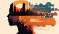 Generative AI.Meditative Reflection: Woman projecting her thoughts against the backdrop of a city at sunset