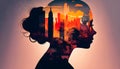 Generative AI.Meditative Reflection: Woman projecting her thoughts against the backdrop of a city at sunset