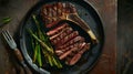 Generative AI Medium rare grilled Tomahawk beef steak with asparagus Flat lay business concept.