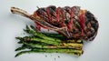 Generative AI Medium rare grilled Tomahawk beef steak with asparagus Flat lay business concept.