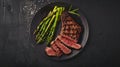 Generative AI Medium rare grilled Tomahawk beef steak with asparagus Flat lay business concept.