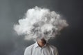 Generative AI Mental Health Concept Image Showing Unhappy Man With Head In Storm Cloud Against Grey Background