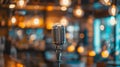 Generative AI microphone against blur on beverage in pub and restaurant background business concept. Royalty Free Stock Photo