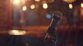 Generative AI microphone against blur on beverage in pub and restaurant background business concept. Royalty Free Stock Photo