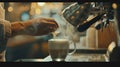 Generative AI Midsection of barista making frothy drink at cafe business concept.