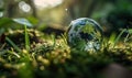 A miniature globe in a clear glass sphere rests amidst lush green grass, reflecting the concept of a delicate, sustainable world