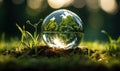 A miniature globe in a clear glass sphere rests amidst lush green grass, reflecting the concept of a delicate, sustainable world