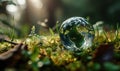 A miniature globe in a clear glass sphere rests amidst lush green grass, reflecting the concept of a delicate, sustainable world