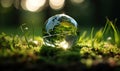 A miniature globe in a clear glass sphere rests amidst lush green grass, reflecting the concept of a delicate, sustainable world