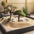 Generative AI, miniature zen garden with sand and Bonsai style trees.