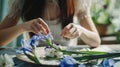 Generative AI Minimal close up of young woman decorating dinner table with elegant Iris flowers for Spring copy sp