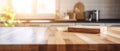 generative AI. Minimalist Elegance: Empty Wooden Table in Kitchen with Blurred Background