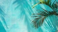 Generative AI Mint Blue cement texture wall leaf plant shadow backgroundSummer tropical travel beach with minimal