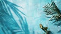 Generative AI Mint Blue cement texture wall leaf plant shadow backgroundSummer tropical travel beach with minimal Royalty Free Stock Photo