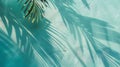 Generative AI Mint Blue cement texture wall leaf plant shadow backgroundSummer tropical travel beach with minimal Royalty Free Stock Photo
