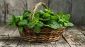 Generative AI Mint Bunch of Fresh green organic mint leaf on wooden table closeup Selective focus Peppermint in sm Royalty Free Stock Photo