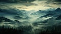 Generative AI, Misty fir forest beautiful landscape in hipster vintage retro style, foggy mountains Royalty Free Stock Photo