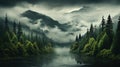 Generative AI, Misty fir forest beautiful landscape in hipster vintage retro style, foggy mountains Royalty Free Stock Photo