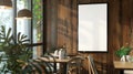 Generative AI Mock up Black blank billboard poster frame advertising board on wooden wall inside cafe business con Royalty Free Stock Photo