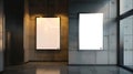 Generative AI Mock up. Two vertical poster media template frame hanging on the wall in elevator lift business conc Royalty Free Stock Photo