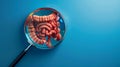 Generative AI Mockup of a human with internal organs and red intestines under a magnifying glass on a blue backgro Royalty Free Stock Photo