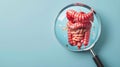 Generative AI Mockup of a human with internal organs and red intestines under a magnifying glass on a blue backgro Royalty Free Stock Photo