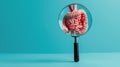 Generative AI Mockup of a human with internal organs and red intestines under a magnifying glass on a blue backgro Royalty Free Stock Photo