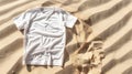 Generative AI Mockup white not wrinkled summer tshirt shopper copy space Sand beach texture background Blank templ Royalty Free Stock Photo