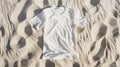 Generative AI Mockup white not wrinkled summer tshirt shopper copy space Sand beach texture background Blank templ Royalty Free Stock Photo