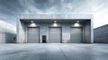 Generative AI Modern Concrete Warehouse Exterior with Rolling Doors and Dramatic Sky Ideal for Logistics and Indus Royalty Free Stock Photo