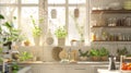 Generative AI Modern and cozy kitchen interior with shelfs accessories and plants Bright and sunny space business