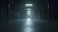 Generative AI Modern empty dark storehouse with light at the end business concept. Royalty Free Stock Photo