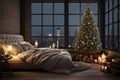 Generative AI Modern festive design with a Christmas tree and candles at home. The interior of the loft-style bedroom