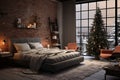 Generative AI Modern festive design with a Christmas tree and candles at home. The interior of the loft-style bedroom