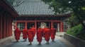 Generative AI Monks Walking in Harmony at Traditional Asian Temple with Red Pillars business concept.