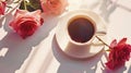 Generative AI Morning Cup of coffee and a beautiful roses flowers on light background top view Cozy Breakfast Flat Royalty Free Stock Photo