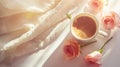 Generative AI Morning Cup of coffee and a beautiful roses flowers on light background top view Cozy Breakfast Flat Royalty Free Stock Photo