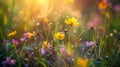 Generative AI Morning summer or spring Beautiful wildflowers with dew drops at dawn light blur selective focus Sha Royalty Free Stock Photo