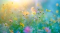 Generative AI Morning summer or spring Beautiful wildflowers with dew drops at dawn light blur selective focus Sha Royalty Free Stock Photo