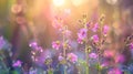 Generative AI Morning summer or spring Beautiful wildflowers with dew drops at dawn light blur selective focus Sha Royalty Free Stock Photo