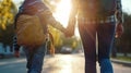 Generative AI Mother and pupil and kids holding hands going to school in first class with schoolbag or satchel wal