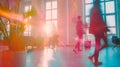 Generative AI motion blur of energetic and ambitious business people walking near meeting room in coworking enviro Royalty Free Stock Photo