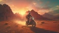 Generative AI, Motorcycle rider on street riding, sunset sky, having fun driving the empty highway Royalty Free Stock Photo