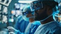Generative AI Multiethnic surgeons in AR headsets work in hightech operating room Medical professionals using AI v