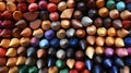 Generative AI Multiple colored wooden crayons bottom arranged in seamless pattern, abstract backdrop, soft focus c Royalty Free Stock Photo