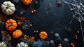 Generative AI Mystery Halloween background with pumpkins spiderwebs skeletons spiders on black table Flat lay top Royalty Free Stock Photo